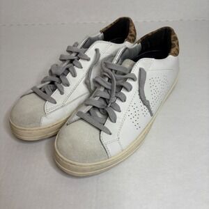 P448 White Leather Sneakers Leopard Print Heel Casual Shoes‎